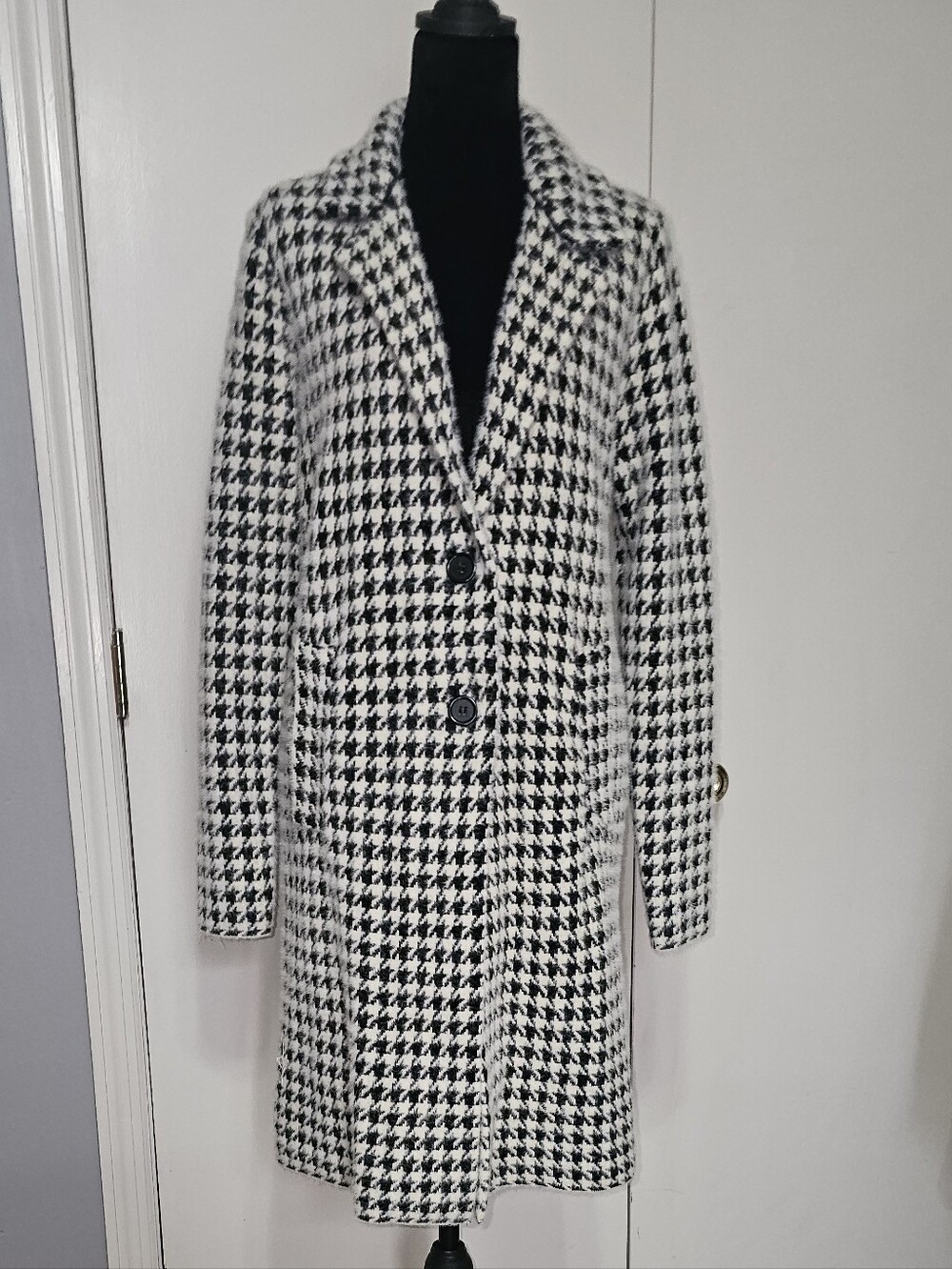 Max Studio Black and White Houndstooth Longline Trench Coat Sz Sm/Med Oversized